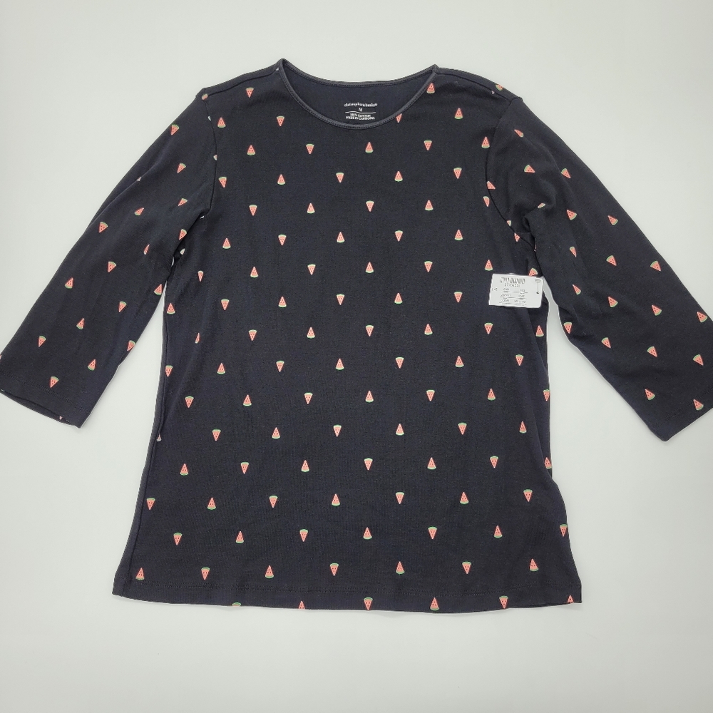 Christopher & Banks 3/4 Sleeve Tee Black Watermelon Print Cotton Size Medium NEW